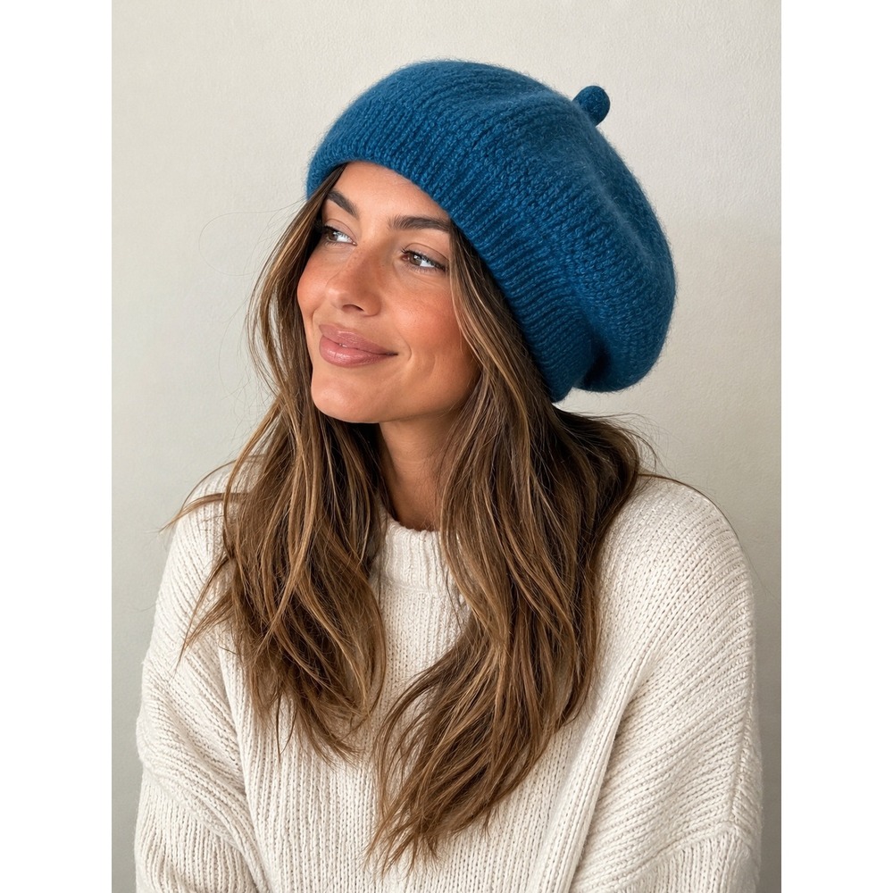 Eric Bompard Teal Blue 100% Cashmere Knit Beret Hat Textured Waffle Stitch‎